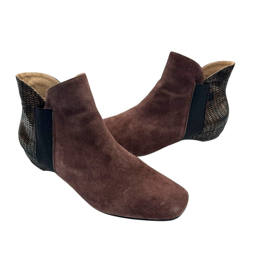 J. Renee Suede Leather Brown Square Toe Reptile Print Heel Pull On Ankle Booties